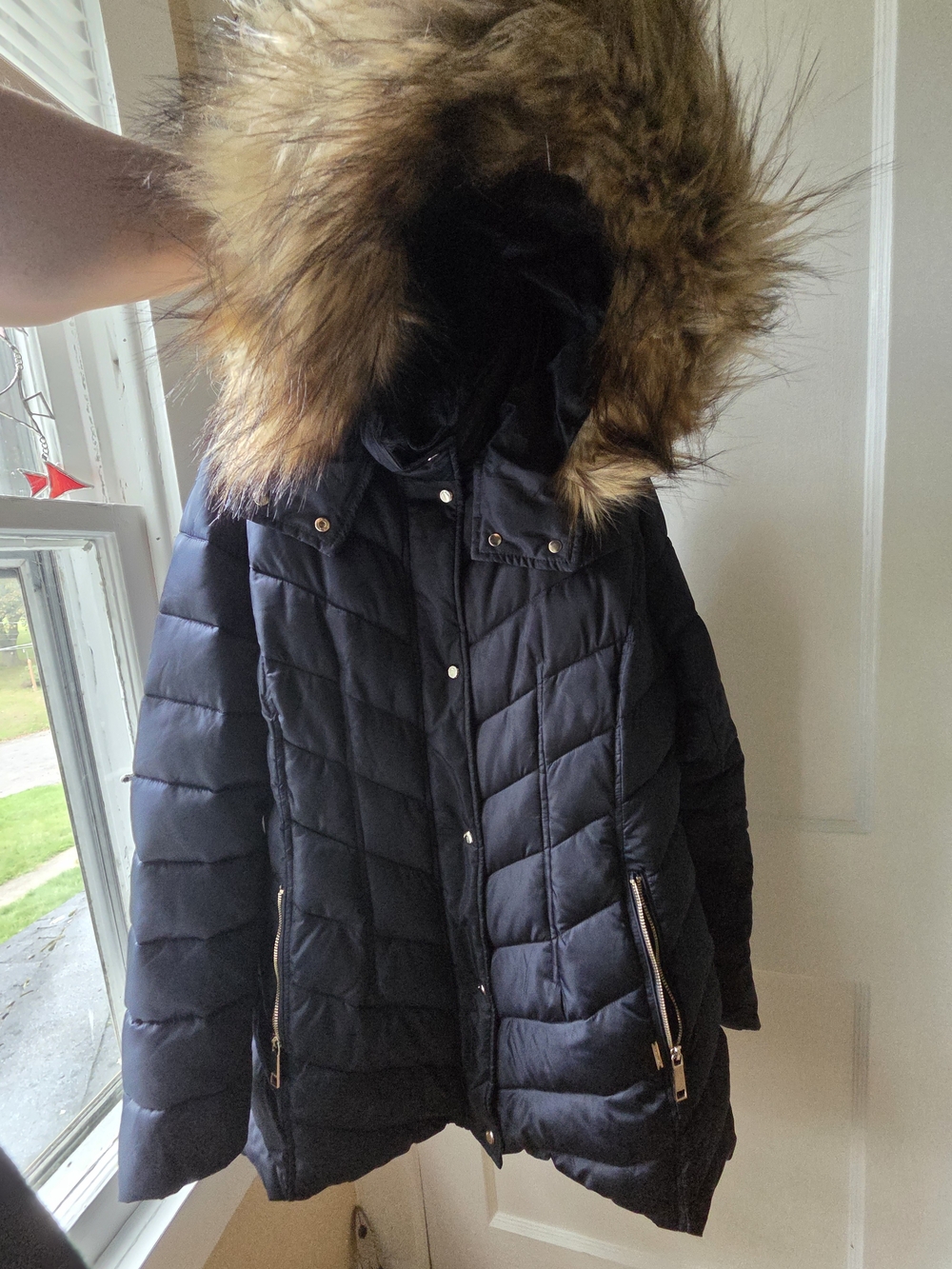 Nine West Black Quilted Puffer Coat with Faux Fur Hood